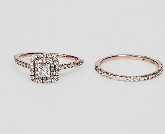 SALE!!! Petite 10k Rose Gold Bridal Set with Princess Center and Double Halo Ring & Matching Wedding Band
