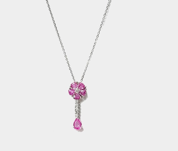 14kw All Natural Pink Sapphire and Diamond Drop Pendant/Necklace