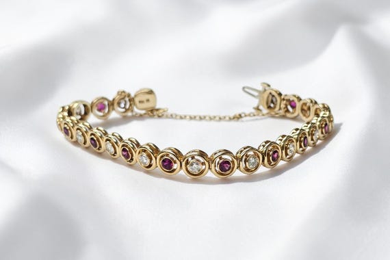 14k Yellow Gold Alternating Bezel Set Ruby and Diamond Bracelet