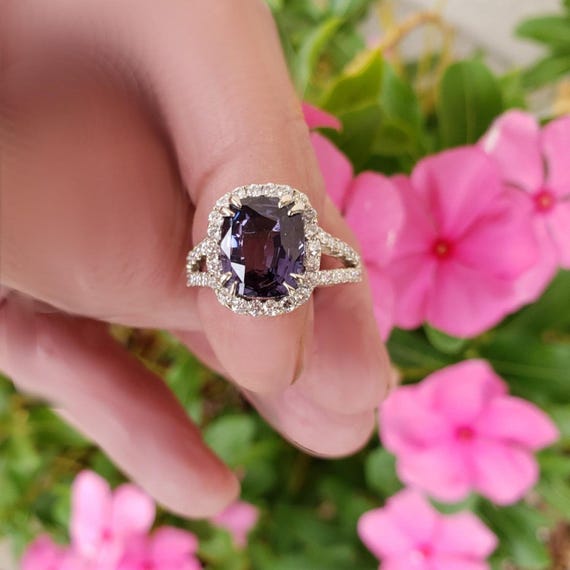 Natural PURPLE Spinel Gemstone set in 14k White Gold Diamond Ring and Free Shipping!