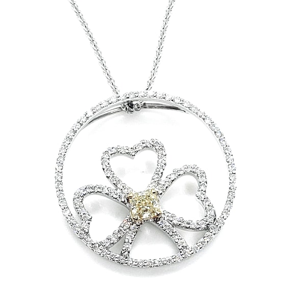 LOVELY 18K White Gold Fancy Yellow Diamond Clover 