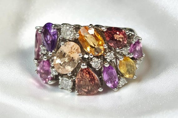 18KW Semi-Precious Multi-Stone Ring w/Diamond Accents