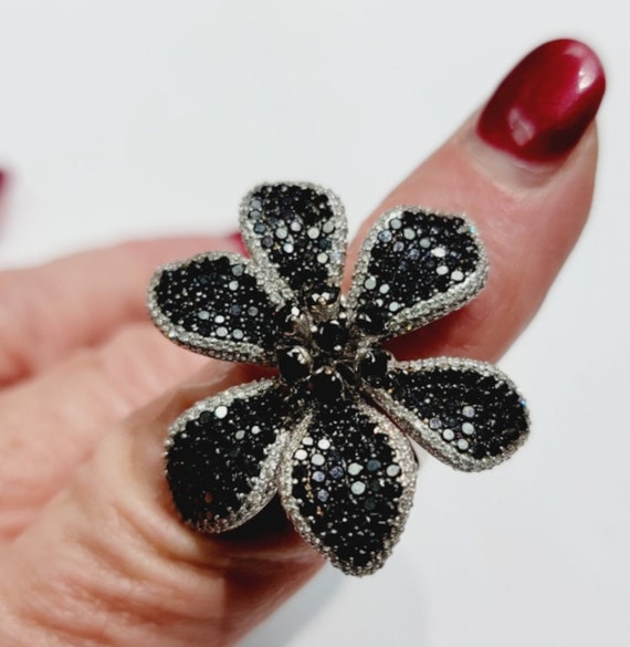 Unique 14kwg Black & White Diamond Flower Ring  that Converts to a Pendant