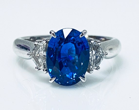 18k White Gold NATURAL Blue SAPPHIRE & DIAMOND Accent Ring  with Free Shipping!
