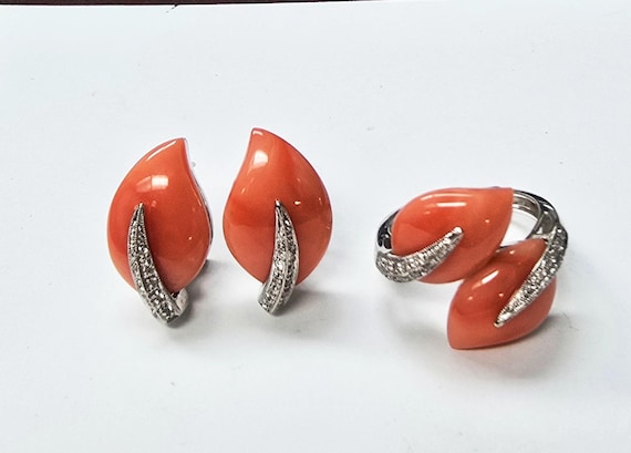 18K White Gold Coral & Diamond Ring and Earring Set