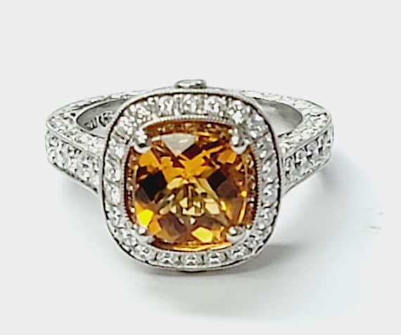 Gorgeous Platinum Jack Kelege Cushion Cut Citrine and Diamond Ring