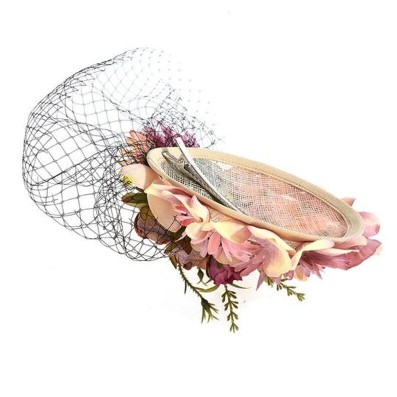 Wedding Guest Races Pink flower fascinator with black cage veil