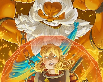 Könnte beinhalten: Eine blonde Figur in Rüstung steht vor einem feurigen orange-gelben Hintergrund. Die Figur ist von einer leuchtenden orangefarbenen Diamantenform umgeben. Eine große, orangefarbene, bärtige Gestalt mit einem blau-weißen Schal steht hinter der Figur und hat die Arme in einer kraftvollen Pose erhoben.