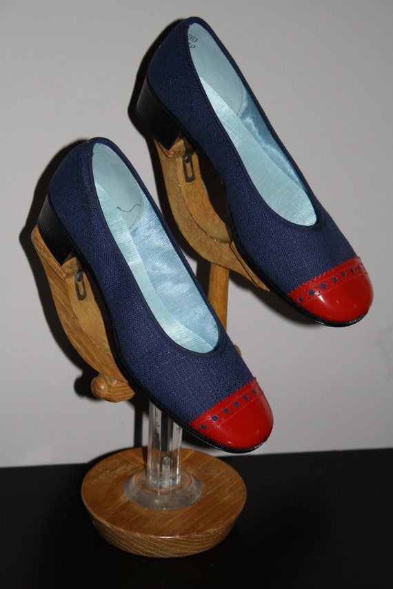 60s Vintage Oxford Women 2 Tone Blue Denim Red Ti… - image 1