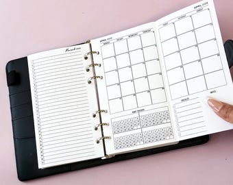 Personal Size Monthly Inserts, Printed Month on 1 Page Fold-Out, 6-Ring Planner Refill