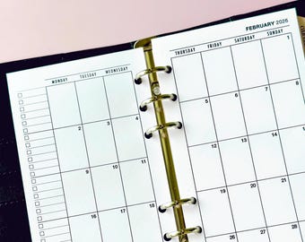 Personal Size Printed Monthly Inserts, Month on 2 Pages, Planner Refill