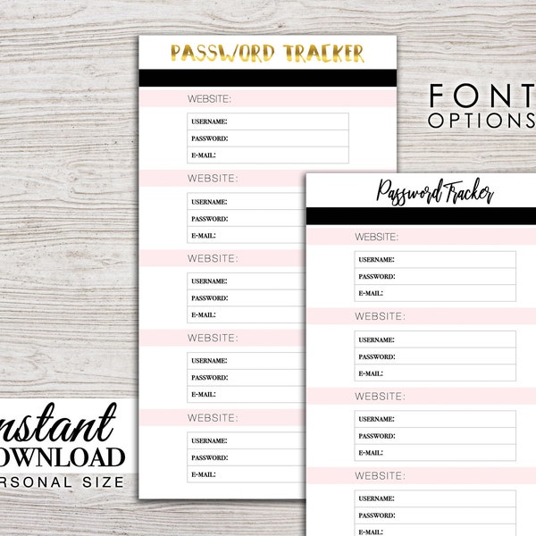 Planner Printable - Password Tracker - Filofax Personal - Kikki K Medium - LV MM - Design: Goldie