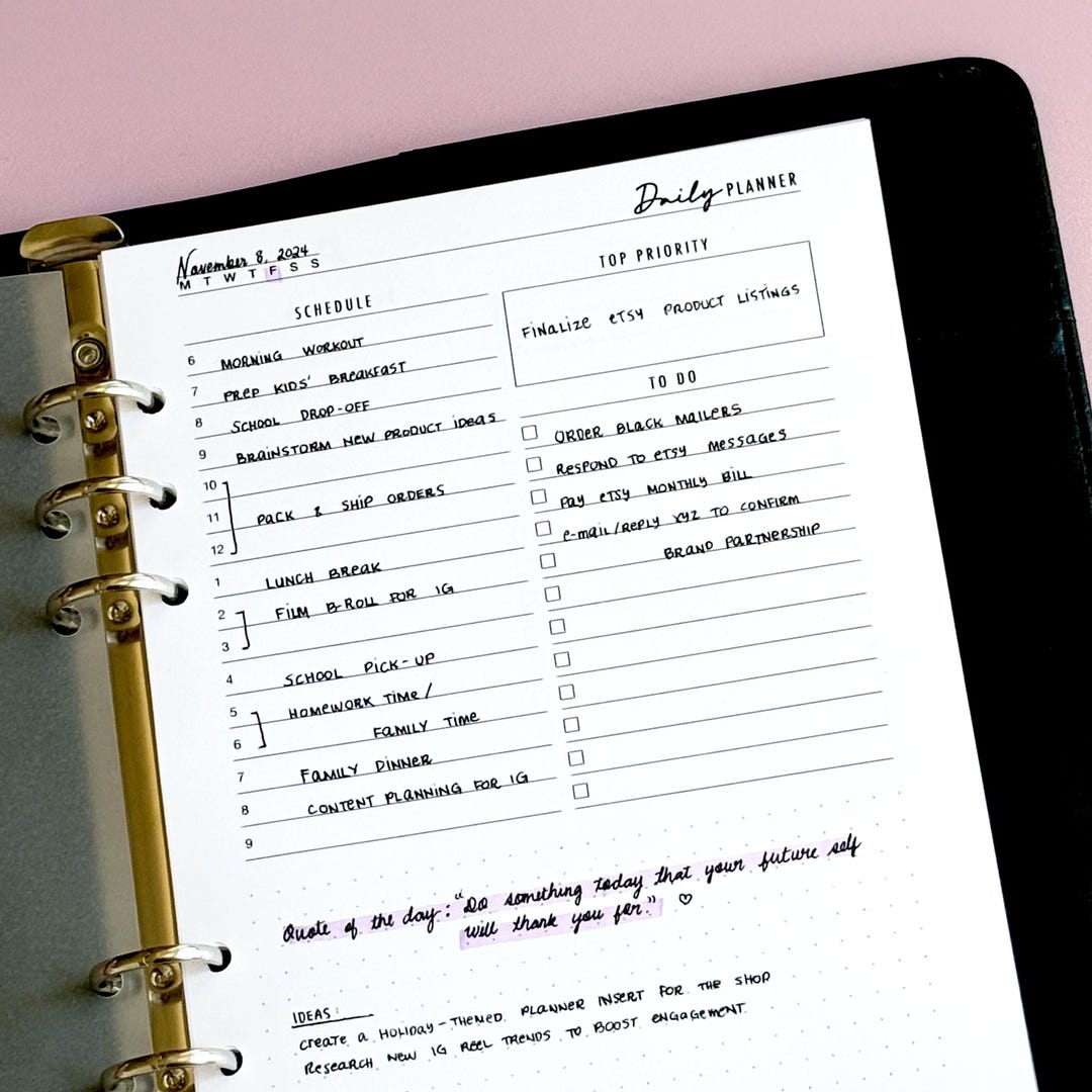 A5 Daily Inserts,printed Undated Day on 1 Page, 6-ring Planner Refill ...