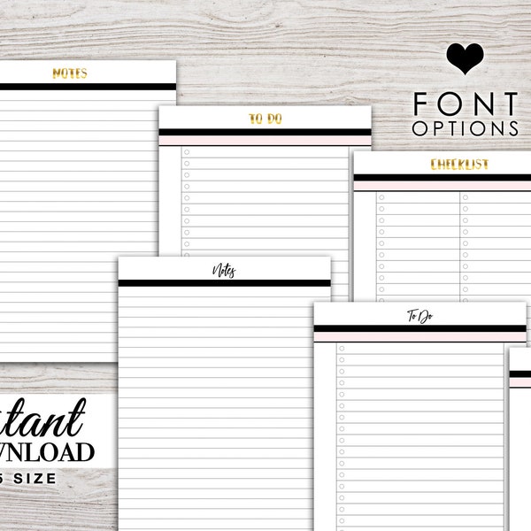 A5 Planner Printable - Notes / Lists - Inserts - Filofax A5 - Kikki K Large - LV GM - Design: Goldie