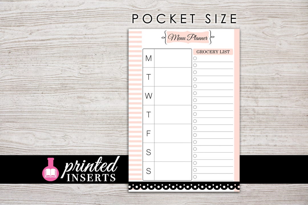 Printed Pocket Inserts Menu Planner Grocery List Filofax Pocket Kikki K
