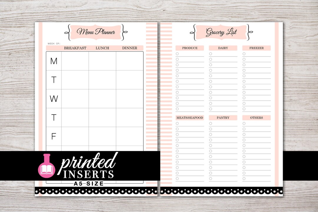 A5 Printed Planner Inserts Menu Planner Grocery List Filofax A5 Kikki K
