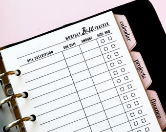 Personal Size Printed Monthly Bill Tracker Inserts, 6-Ring Planner Refill