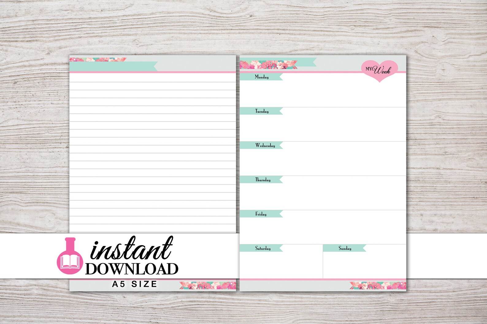A5 Planner Printable Week on 1 Page With Notes Page - Etsy