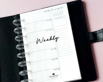 Half Letter Weekly Planner Inserts, Dated Week on 1 Page, Printed Discbound Refill