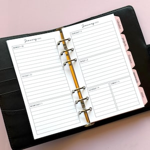 May include: A black six-ring binder containing white planner pages for January 2025. The pages feature lined daily sections for Monday 30 through Sunday 5. Pale pink tabbed dividers labeled calendar, projects, finance, passwords, and misc. are visible.