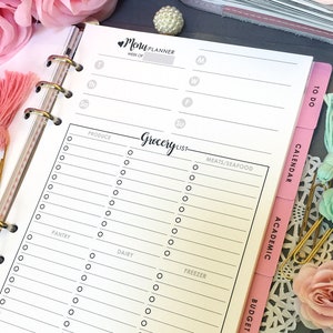 Printed - A5 MENU PLANNER - Weekly Menu - Grocery List - 6 Ring Planner - A5 Size - GM Agenda - Design: Wanderlust