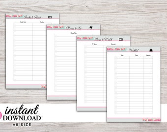 A5 Planner Printable - Fun Lists - Books to Read - Wish List - Movies to Watch - Filofax A5 - Kikki K Large - LV GM - Design: Flirty Girl