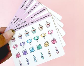 Birthday & Celebration Planner Stickers | Cake, Gift, Balloon, Wine Icons | Colorful Small Icons
