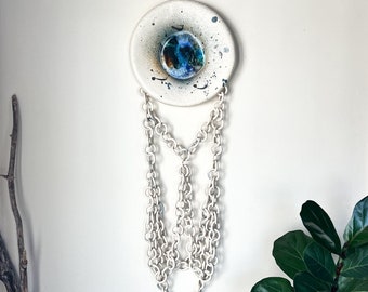 Round ceramic and glass chain wall sculpture, white ceramic wall sculpture, organic modern ceramic wall art, ceramic eye wall hanging
