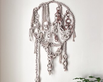 Ceramic and macrame link chain wall hanging, stoneware chain sculpture, Ceramic wall sculpture, ceramic wall art