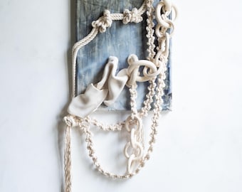 Coastal Ceramic Link Chain Wall Art: Macrame & Stoneware Sculpture