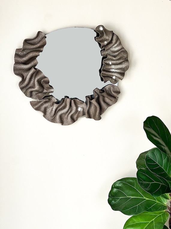 Brown Stoneware Sculptural Mirror: Hand-Folded Ceramic Art, 17.5"