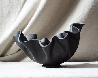 Wabi Sabi black folded ceramic bowl. Rustic  decorative folded ceramic serving bowl, black ceramic sculptural bowl