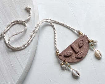 Aventurine and cowrie Boho beaded necklace,Ceramic Boho face necklace, beaded statement necklace, ceramic jewelry