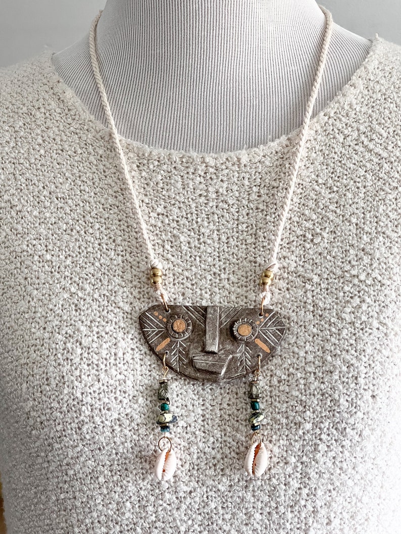 Pyrite, serpentine and cowrie Boho beaded necklace,Ceramic Boho face necklace, beaded statement necklace, ceramic jewelry image 2