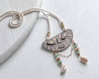 aventurine and cowrie Boho beaded necklace,Ceramic Boho face necklace, beaded statement necklace, ceramic jewelry