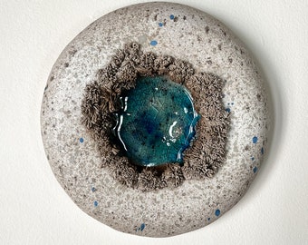 Round ceramic and glass  wall sculpture, ceramic wall art