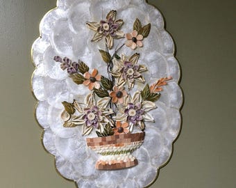 MCM Capiz Shell Wall Plaque Shell Flower Basket Art Philippines 18x12 Vintage
