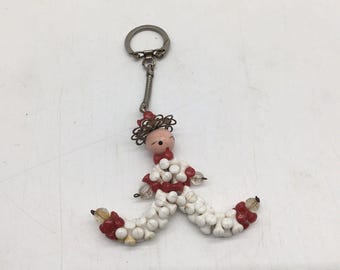 Vtg 1950s Beaded Doll Keychain Kitsch Red White Plastic Bead Figure Charm MCM