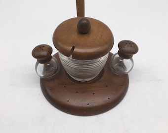 Mid Century Condiment Serving Caddy Wood & Glass Salt Pepper Sugar Honey Ribbed