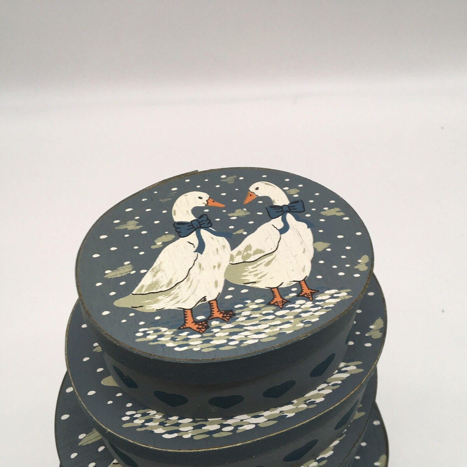 Vtg Handmade Painted Wooden Nesting Box Set Ducks Blue With Hearts ...