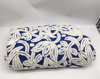 Vintage Chenille Bedspread Hofmann ?? Blue and White Tulips  110" x 90" READ