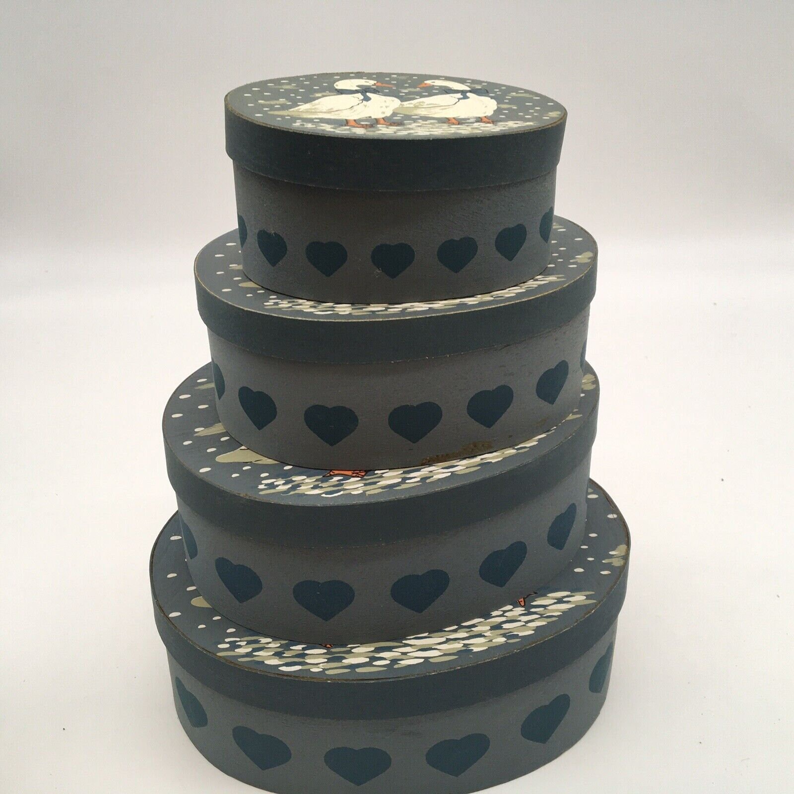 Vtg Handmade Painted Wooden Nesting Box Set Ducks Blue With Hearts ...