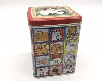 Vintage 1980s Enesco "Cats Are Chic" Storage Tin Susan Marie McChesney Hong Kong