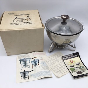 Mid Century Delfin Edelstahl Chafing Dish Holzknopf Original Box Pyrex Einsatz