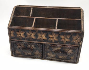 Vtg Wood + Woven Bamboo Desk Organizer Divider 2 Drawers Letter Holder Utensils