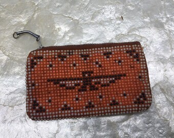 Vtg 1970s Florida Thunderbird  Beaded Coin Purse Souvenir  5"x3" Zipper Close