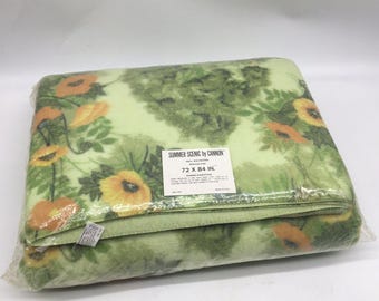 Vtg NOS Summer Scenic By Cannon Floral Poppies Green Blanket 72x84 Butterfly