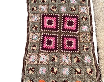 Handmade Crochet Granny Square  Blanket 47x83 Browns Multicolor  Beautiful
