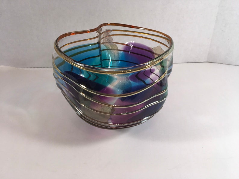 Scott & Laura shops Curry Handblown Art Glass Bowl Gold Leaf and Applie Gold