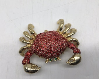 Red Bejeweled  Enameled Gold Tone Rhinestone Crab Trinket Box 3.25